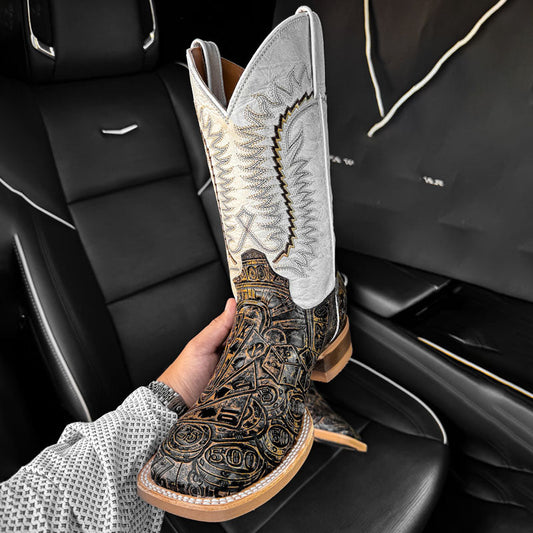 Mad Gambler Square Toe Cowboy Boots – White & Brown