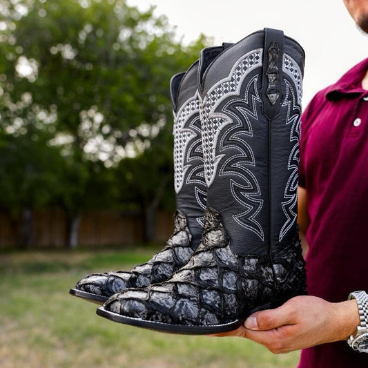 Grey Jumbo Pirarucu Leather Boots - Square Toe