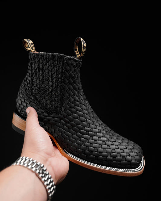 100% Handmade Black Woven Boots