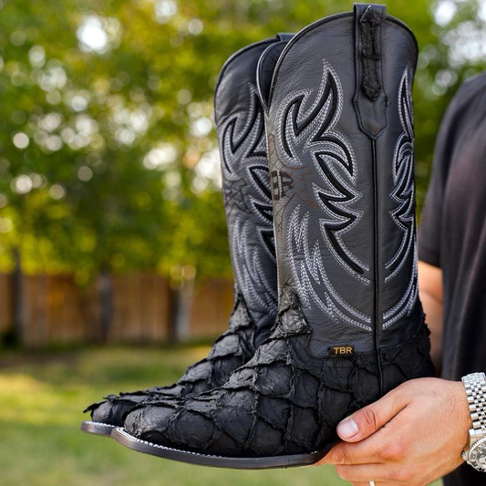 Matte Black Jumbo Pirarucu Leather Boots - Square Toe