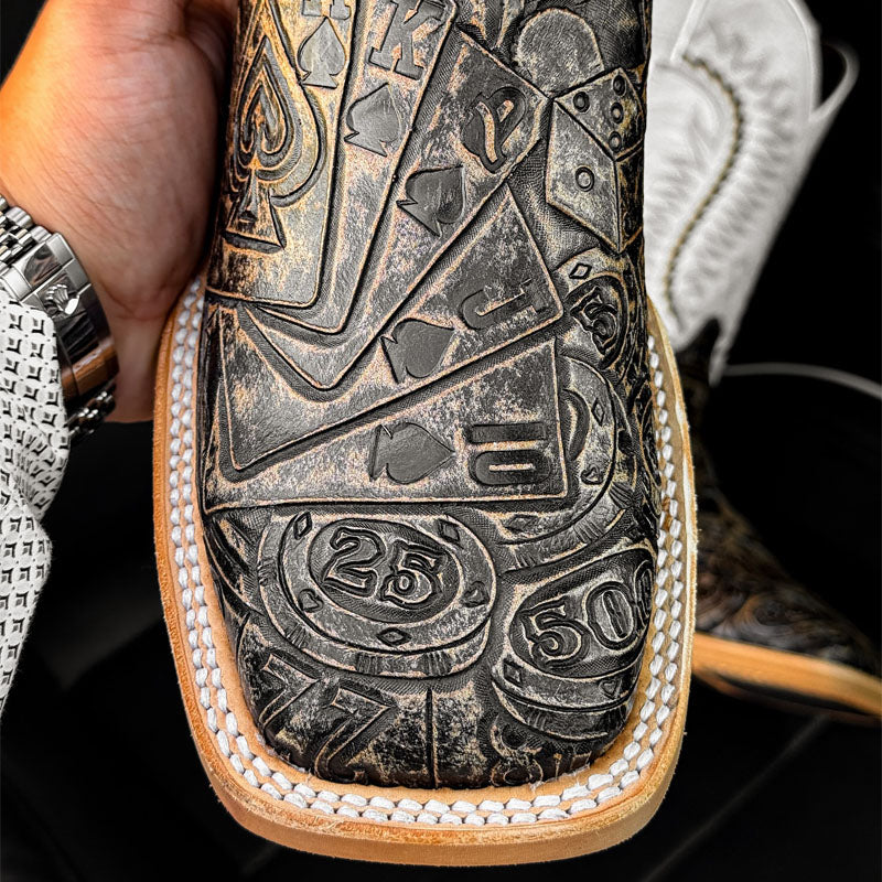 Mad Gambler Square Toe Cowboy Boots – White & Brown