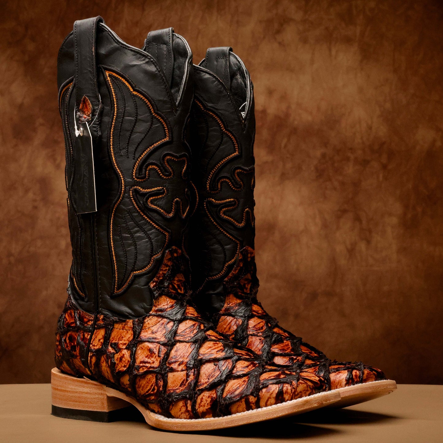 Cognac Jumbo Pirarucu Leather Boots - Square Toe