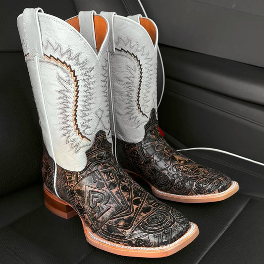 Mad Gambler Square Toe Cowboy Boots – White & Brown