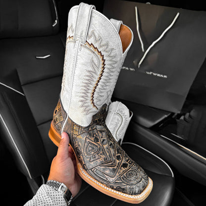 Mad Gambler Square Toe Cowboy Boots – White & Brown