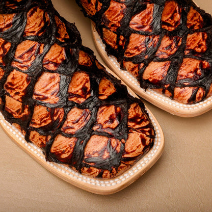 Cognac Jumbo Pirarucu Leather Boots - Square Toe