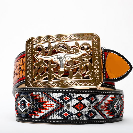 2 Inch Hand-Tooled Artesanal Beaded Leather Belt