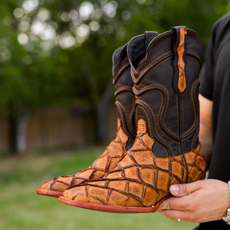 Vintage Distressed Pirarucu Leather Boots - Chunky Square Toe