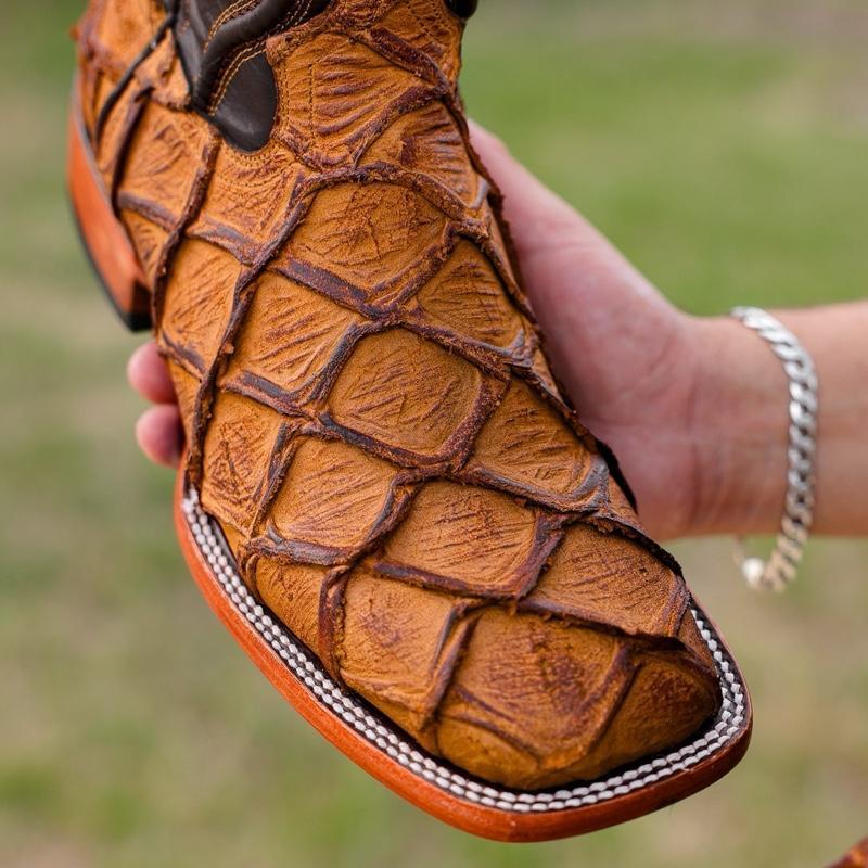 Vintage Distressed Pirarucu Leather Boots - Chunky Square Toe