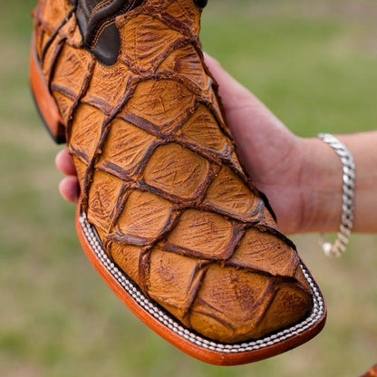 Vintage Distressed Pirarucu Leather Boots - Chunky Square Toe