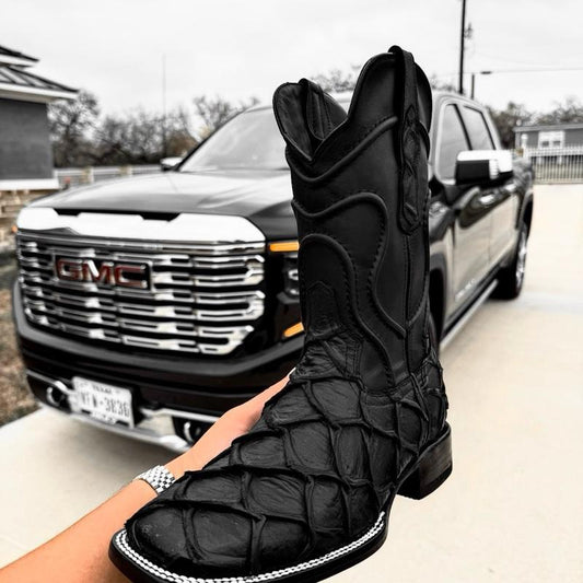 Classic Matte Black Pirarucu Leather Boots – Square Head