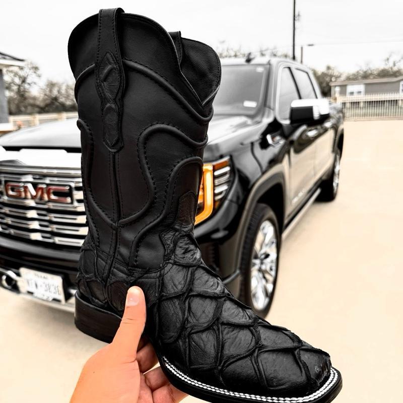 Classic Matte Black Pirarucu Leather Boots – Square Head