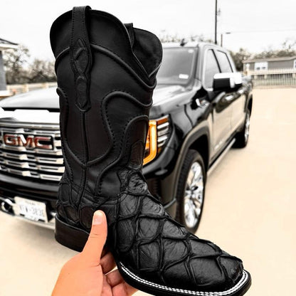 Classic Matte Black Pirarucu Leather Boots – Square Head