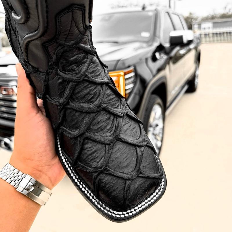 Classic Matte Black Pirarucu Leather Boots – Square Head