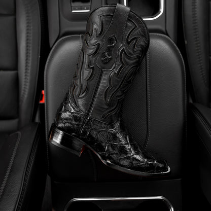 Total Black Pirarucu Leather Boots - Square Toe