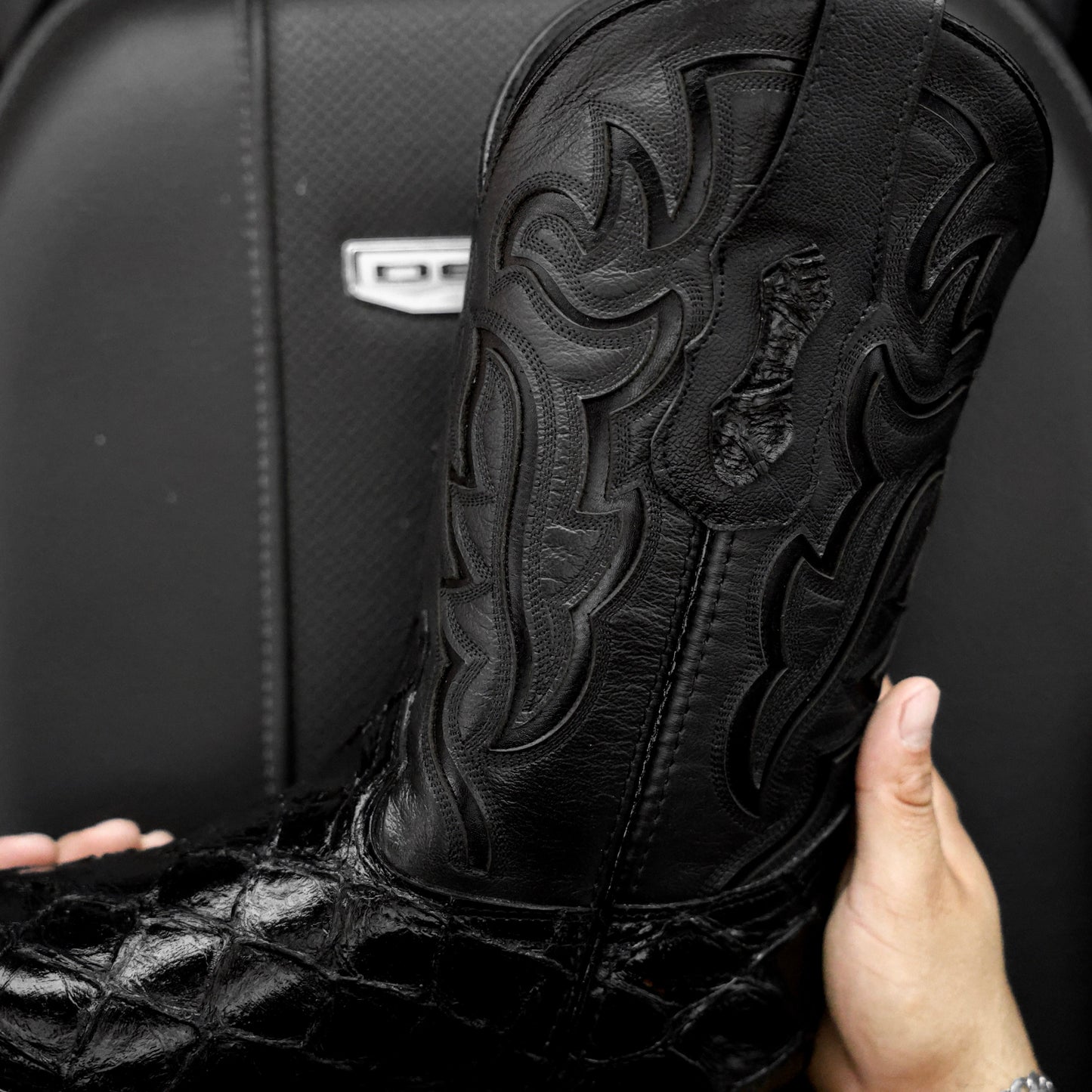 Total Black Pirarucu Leather Boots - Square Toe