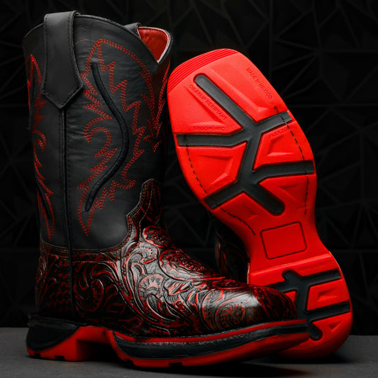 Black Cherry Hand-Tooled Leather Boots With 3D Lightweight Sole - Composite Toe