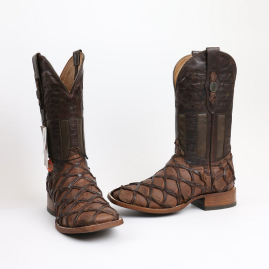 Chero’s Premium Exotic Pirarucu Matte Leather Cowboy Boots-Chocolate